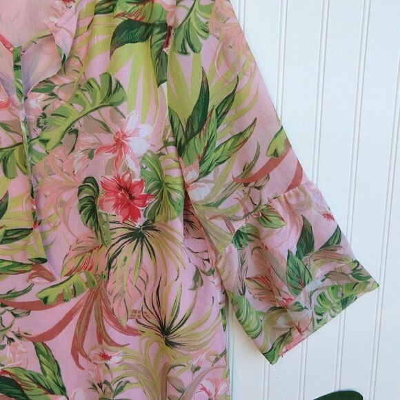 J Jill Pink Tropical Print Chiffon Tunic Top Size MP Hawaiian Tassels 3/4 Sleeve - Picture 4 of 11